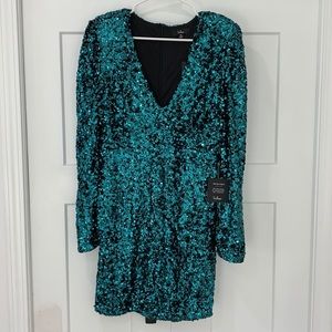 Women’s Teal Sequin Bodycon Mini Long Sleeve Dress XL